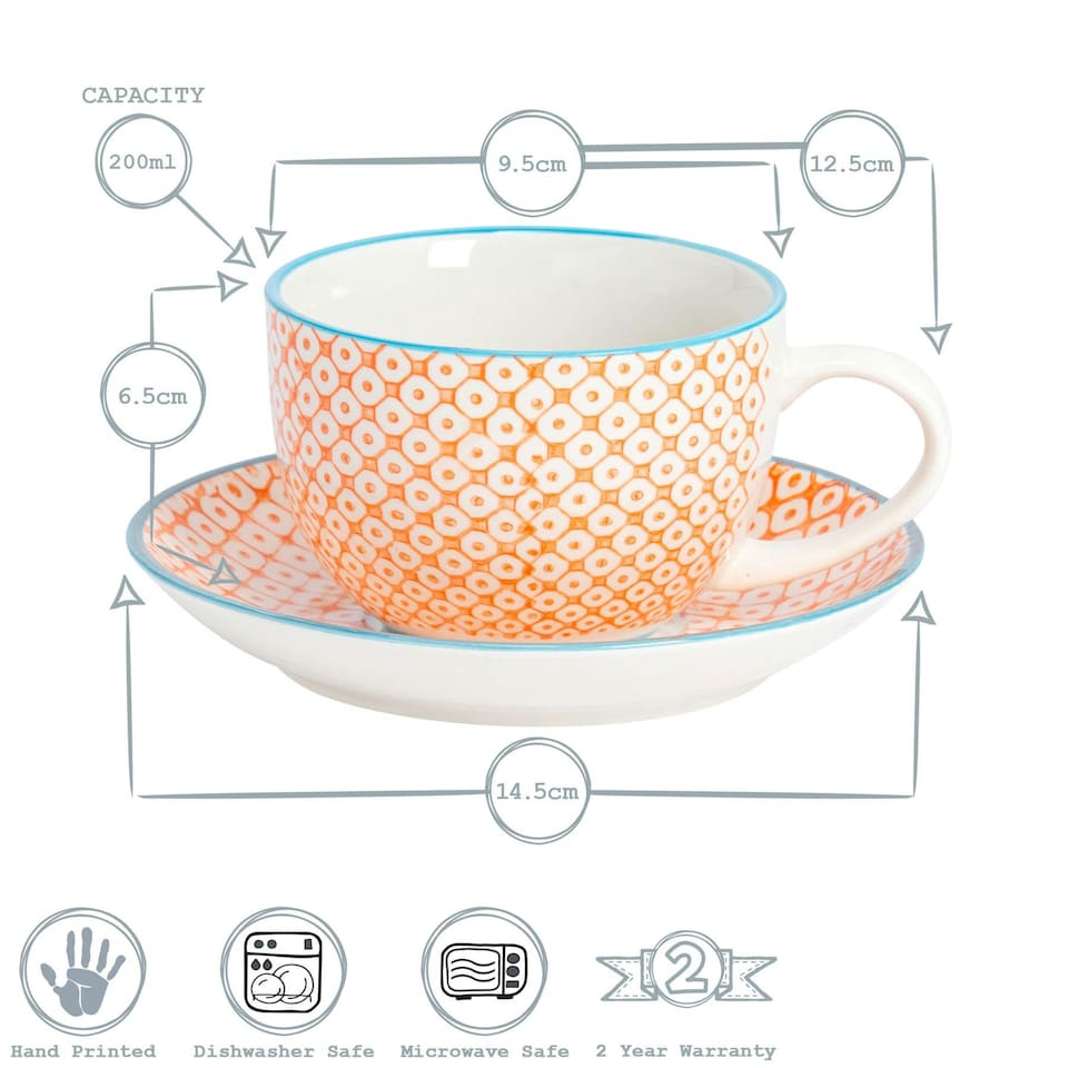 image 1 of Nicola Spring 12 Piece Hand-Printed Cappuccino Cup & Saucer Set - 250ml - Orange
