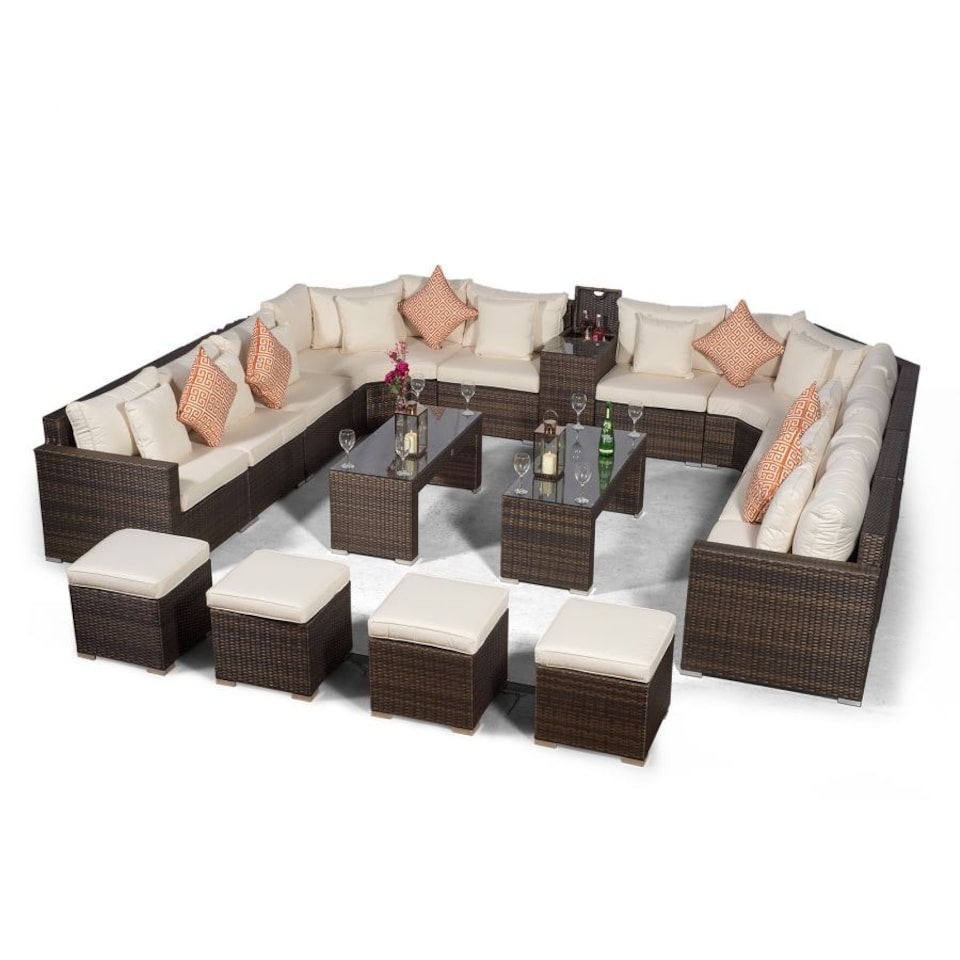 image 1 of Santorini U Shape Modular 10 Seat Rattan Sofa Set With Armrest Drinks Cooler, 2 Coffee Tables & 4 Stools Brown | Ivory