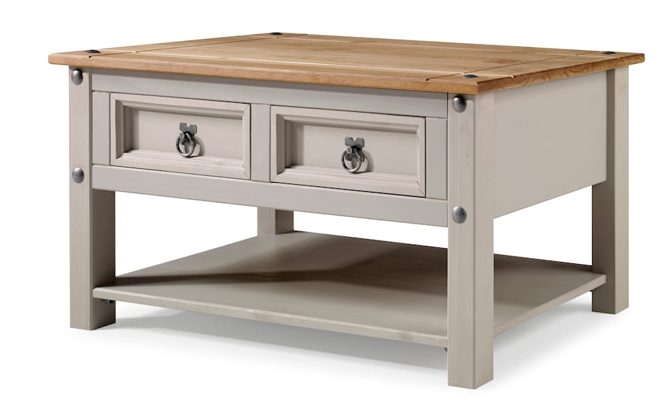 image 1 of Corona Coffee Table Grey Wax 2 Drawer 1 Shelf Solid Wooden Pine Wood Living Room with Mexican Styling