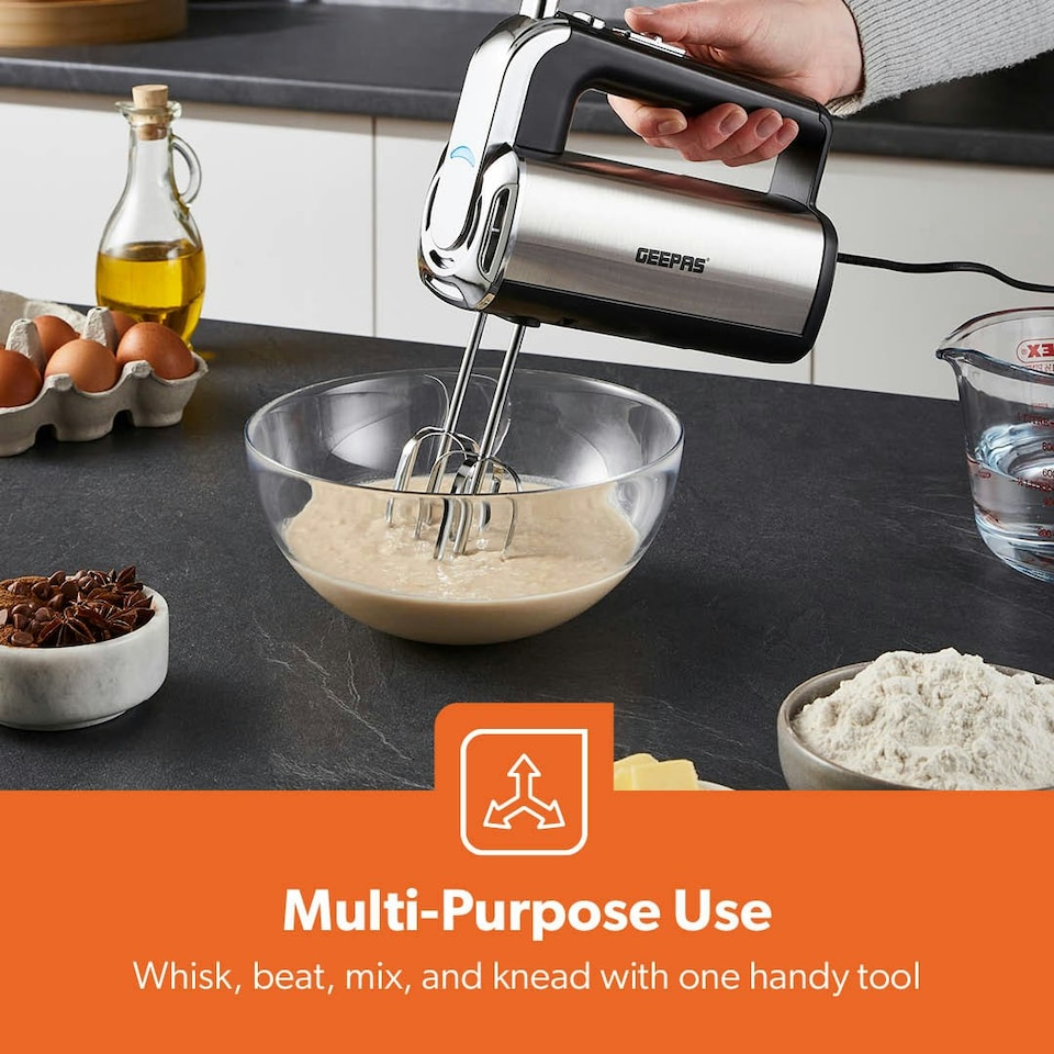 image 1 of GEEPAS Electric Hand Mixer, Electric Whisk with Storage Base 5-Speed & Turbo Eject Button, 400W
