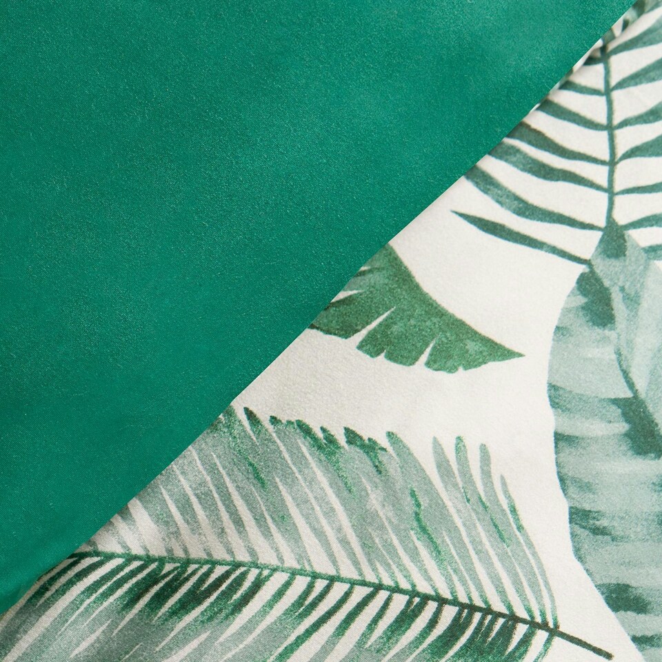 image 1 of OHS Tropical Leaf Print Reversible Plain Duvet Quilt Cover Bedding Set, Double - Forest Green/White