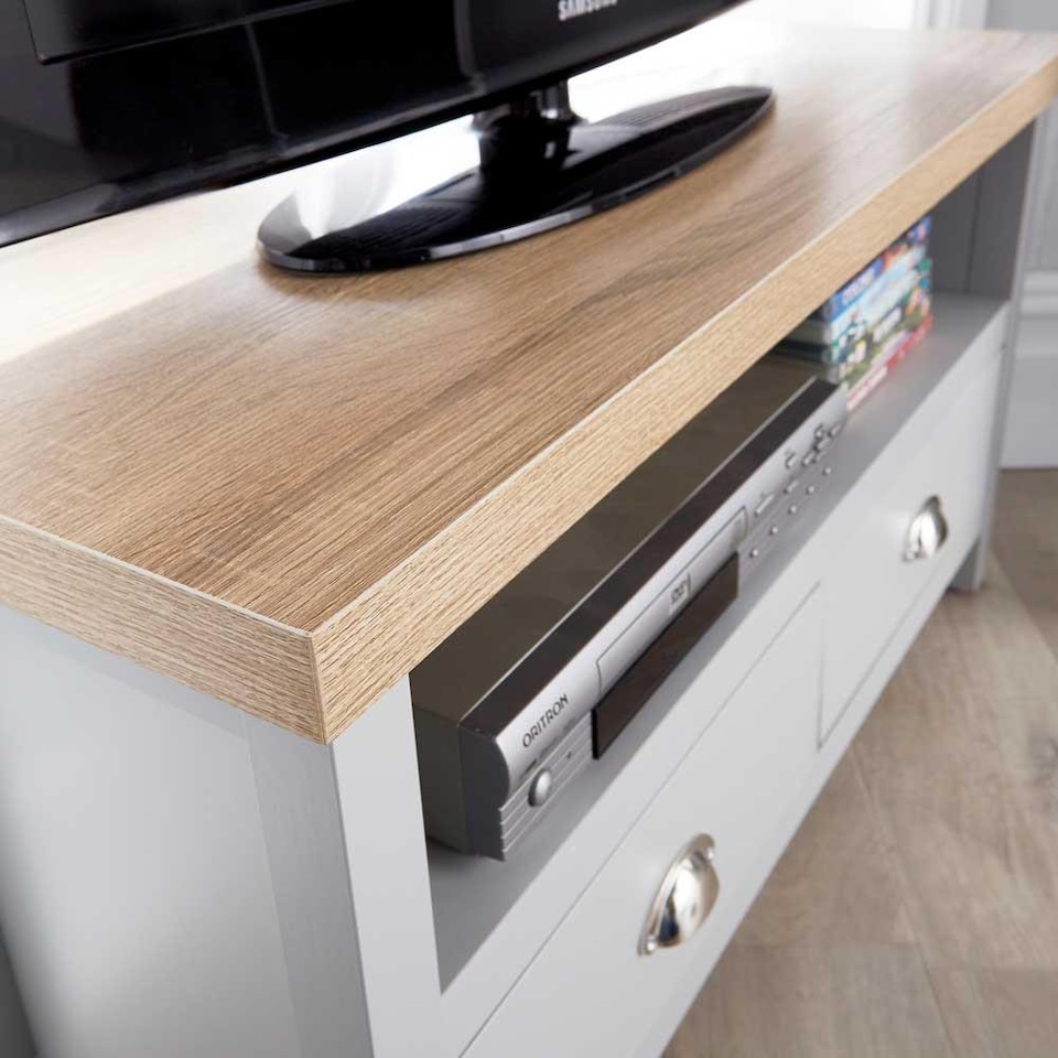 image 1 of Grey Oak Corner TV Stand Two Tone 1 Drawer Cabinet Television Unit Cable Tidy