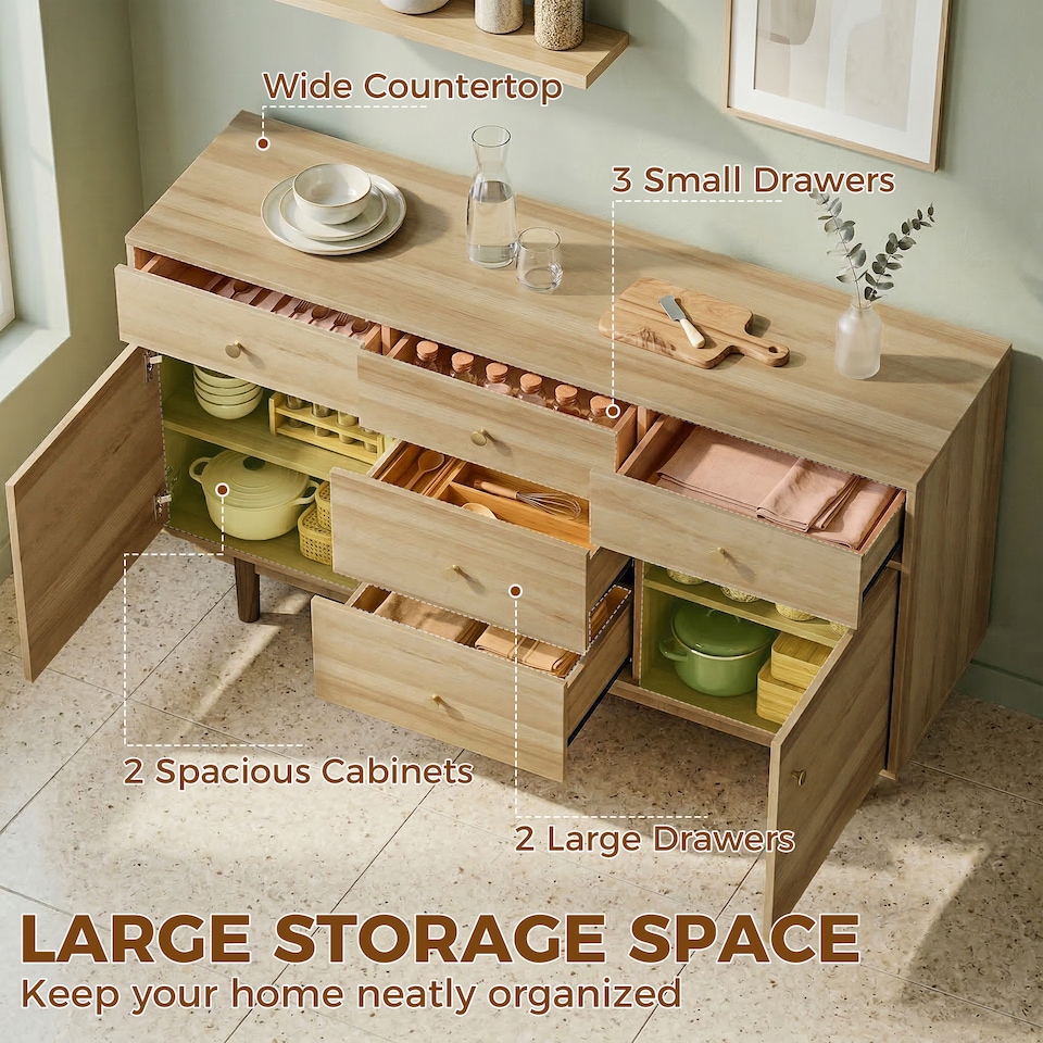 image 1 of HOMCOM Sideboard Soft Close Doors Wood Legs Walnut