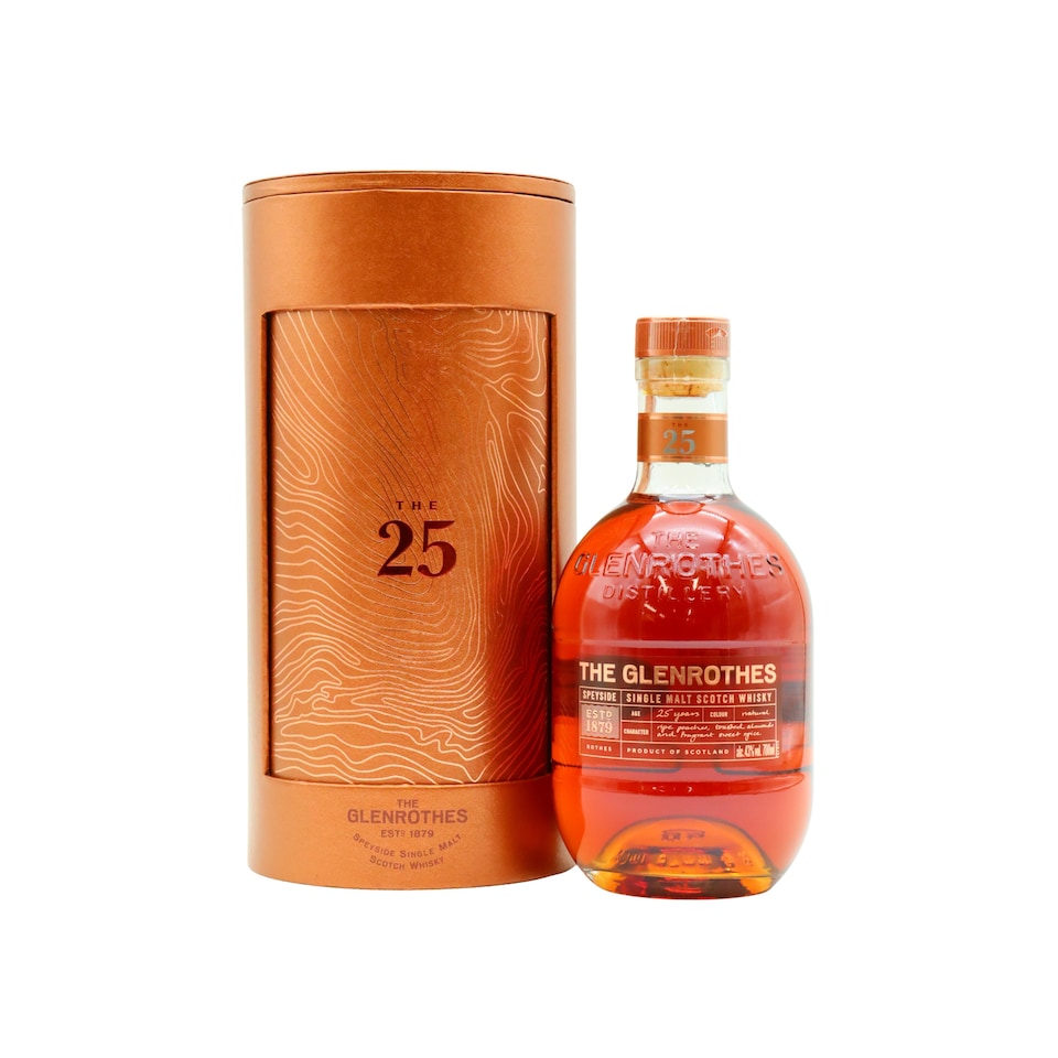 Glenrothes - Speyside Single Malt Scotch 25 year old Whisky | Multi | New | Ripe peaches, liquid caramel, zesty orange peel, nutty sweetness, marzipan, creamy vanilla, ripe stone fruit, orange oil, toasted almonds, Swiss milk chocolate, delicate oak notes, lingering sweet spice | 700
