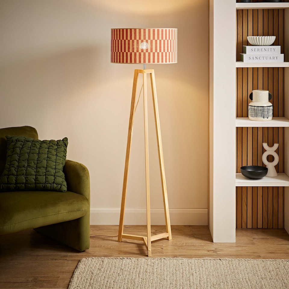 image 1 of ValueLights Lottie Natural Wood Tripod Floor Lamp Orange Check Bamboo Shade and Bulb