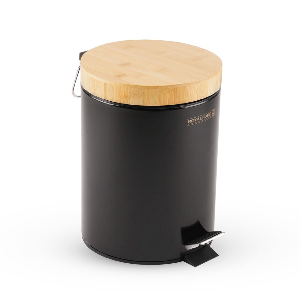image 1 of Royalford 5L Pedal Bin with Bamboo Lid and Removable Basket