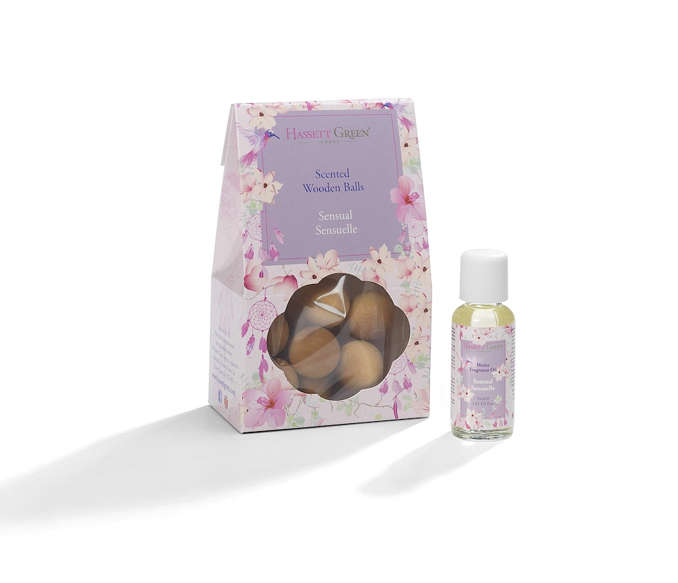 image 1 of Hassett Green London - Sensual Sensuelle Lavender & Rose - Scented Wooden Balls Pack of 12 plus 30ml Bottle of Home Fragrance Oil for Refreshing - Alternative to Pot Pourri, Diffusers and Sachets