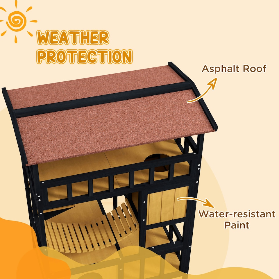image 1 of PawHut Outdoor Cat House w/ Suspension Bridge, Houses, Balcony