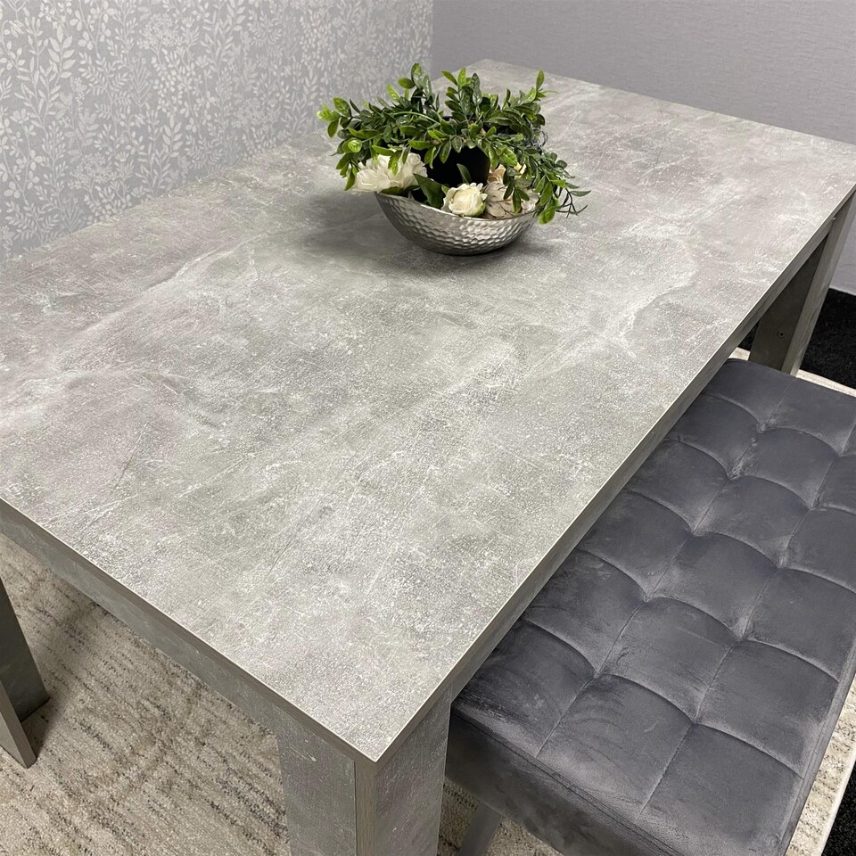 image 1 of Stone Grey Effect Wood Dining Table Set with 2 Grey Velvet Benches Stylish Dining Room Furniture
