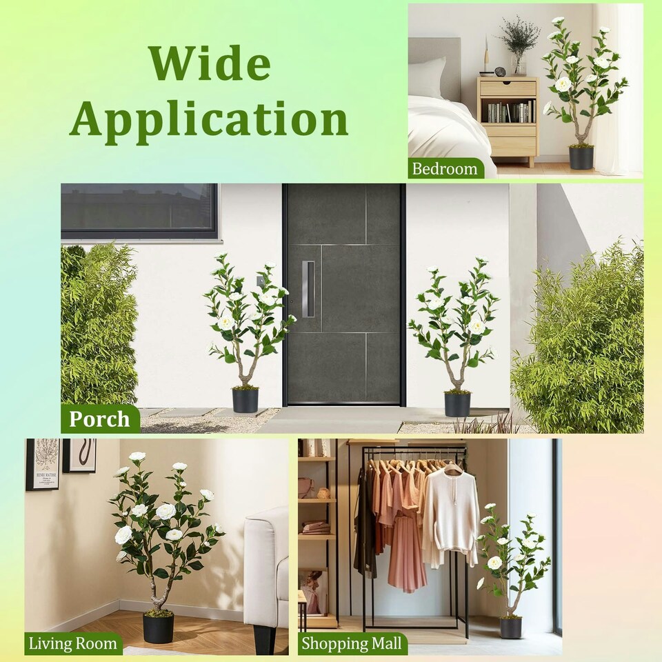 image 1 of COSTWAY 90CM Artificial Camellia Tree Faux Flower Plant White | One Size
