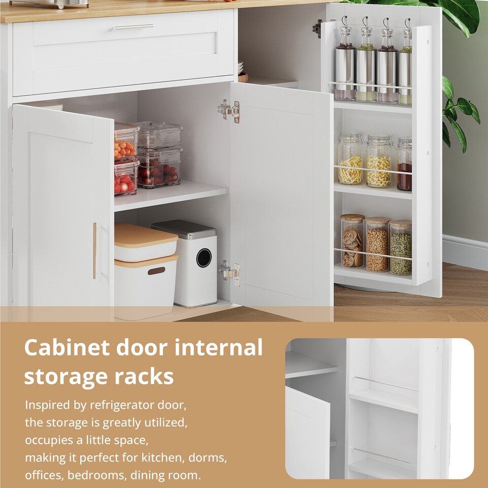 image 1 of VILUXE Mobile Kitchen Island with Foldable Worktop, Drawer, Adjustable Cabinets, 3 Door Spice Racks, Towel Rail and 5 Wheels, White and Natural Wood