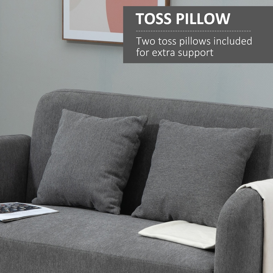 image 1 of HOMCOM 2 Seater Sofa, Modern Fabric Loveseat Sofa, Small Couch with 2 Pillows, Armrest and Wood Legs for Living Room, Bedroom, Home Office, Grey