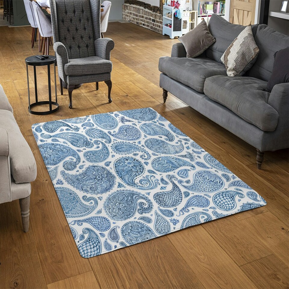 image 1 of Blue and White Bo Ho world (Rug) Blue | Large: 140x200cm