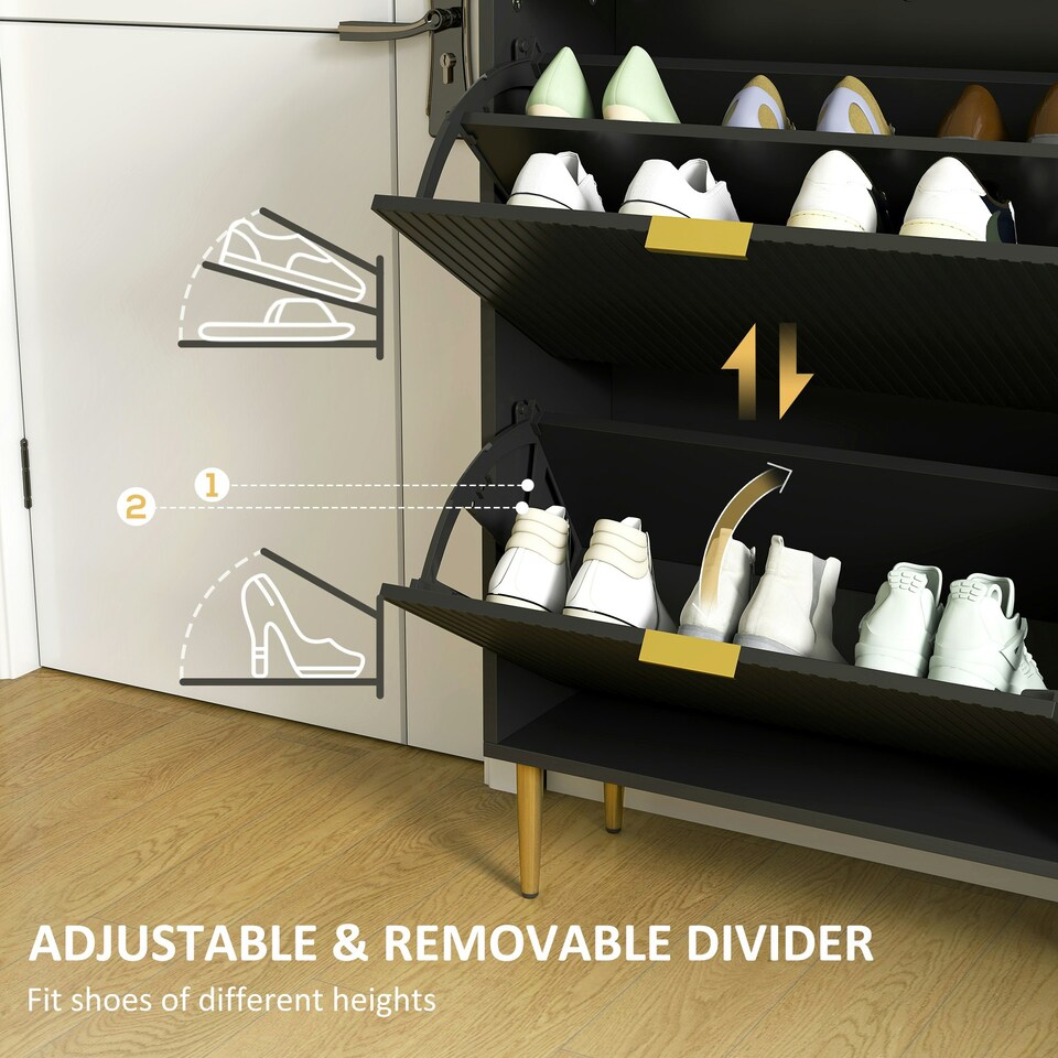 image 1 of HOMCOM Slim Shoe Storage Cabinet with 3 Flip Drawers for Hallway Black | Gold | 60W x 24D x 128H cm
