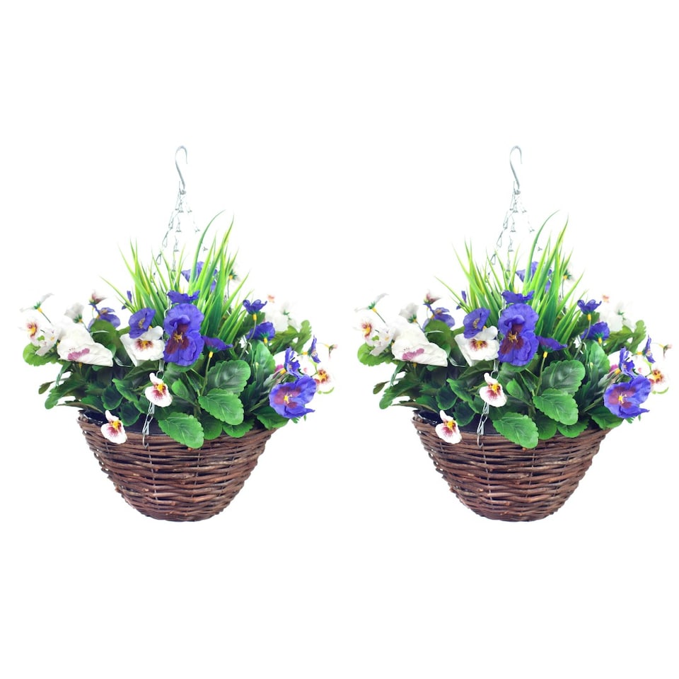 image 1 of Pair of 30cm 10 Inch Lilac & White Pansy Flower with Decorative Rattan Hanging Baskets for Indoor Outdoor Garden Use | Blue | Lilac & White | 1