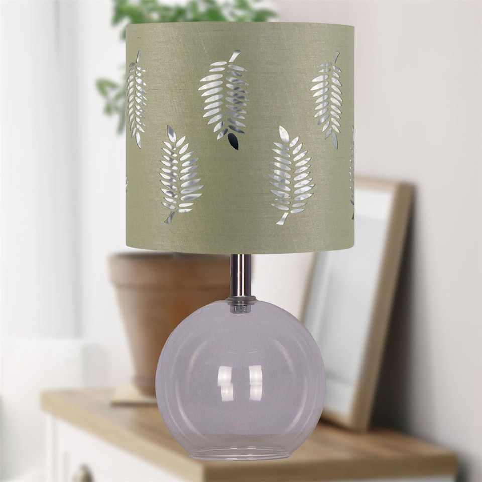 image 1 of Set of 2 Buck - Clear Glass Globe Lamps with Sage Green Fern
