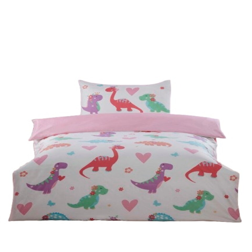 image 1 of Dino Daisy Microfibre Reversible Duvet Cover Set with Pillowcase Multi | Single