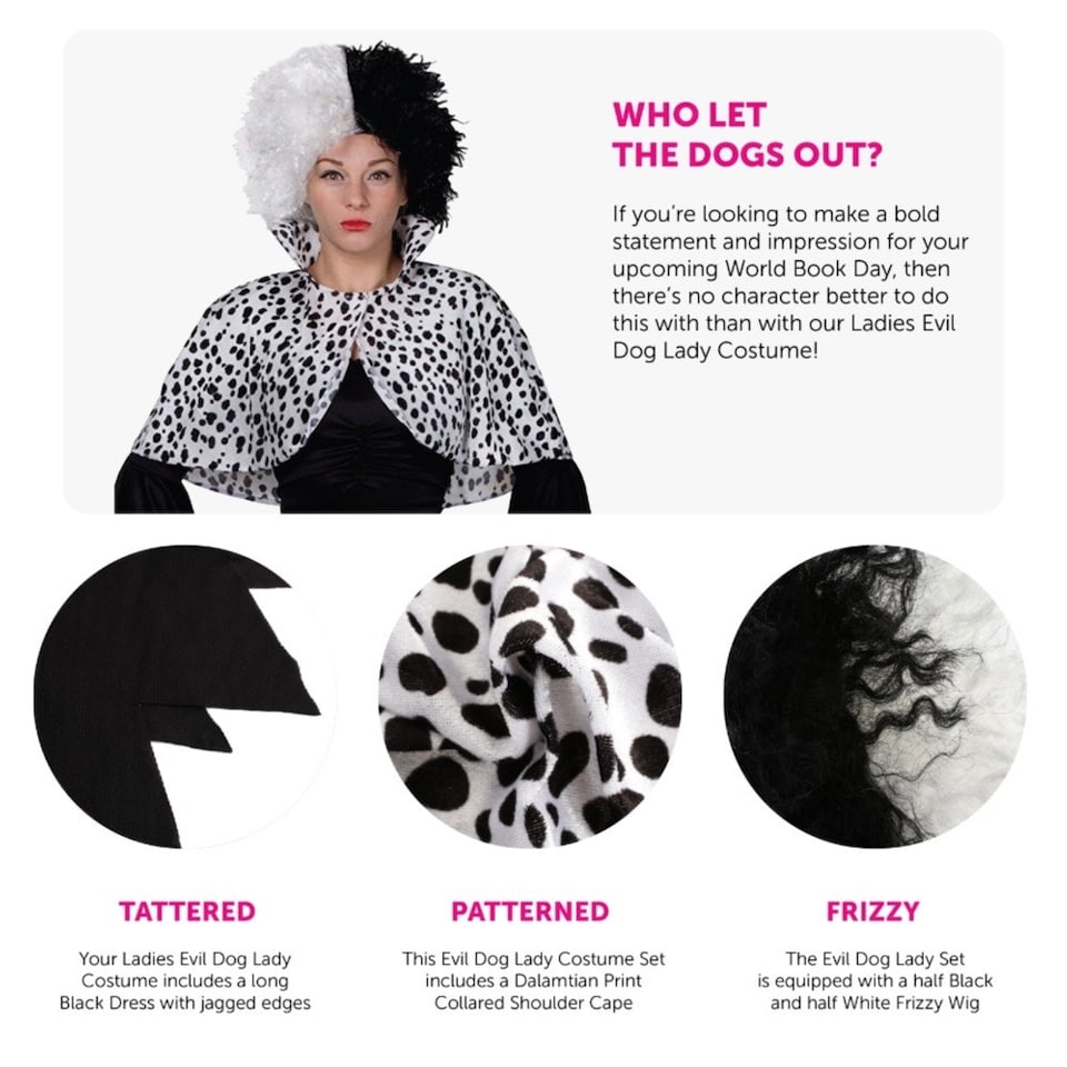 image 1 of Evil Dog Lady Costume With Shaggy Wig & Cape | Black | M