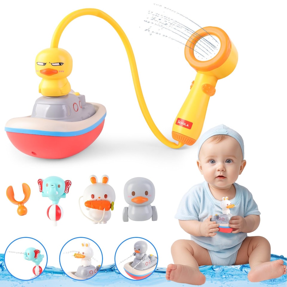image 1 of Baby Bath Time Shower Toy Set with Floating Boat & Animal Sprinklers - Interactive Water Play for Toddlers, Safe & Fun Bath Toy Gift for Kids 3 plus