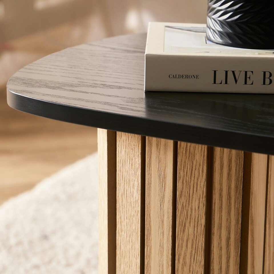image 1 of OHS Ribbed Curved Home Furniture Living Room Decor Coffee Table Multi | Light Wood and Black