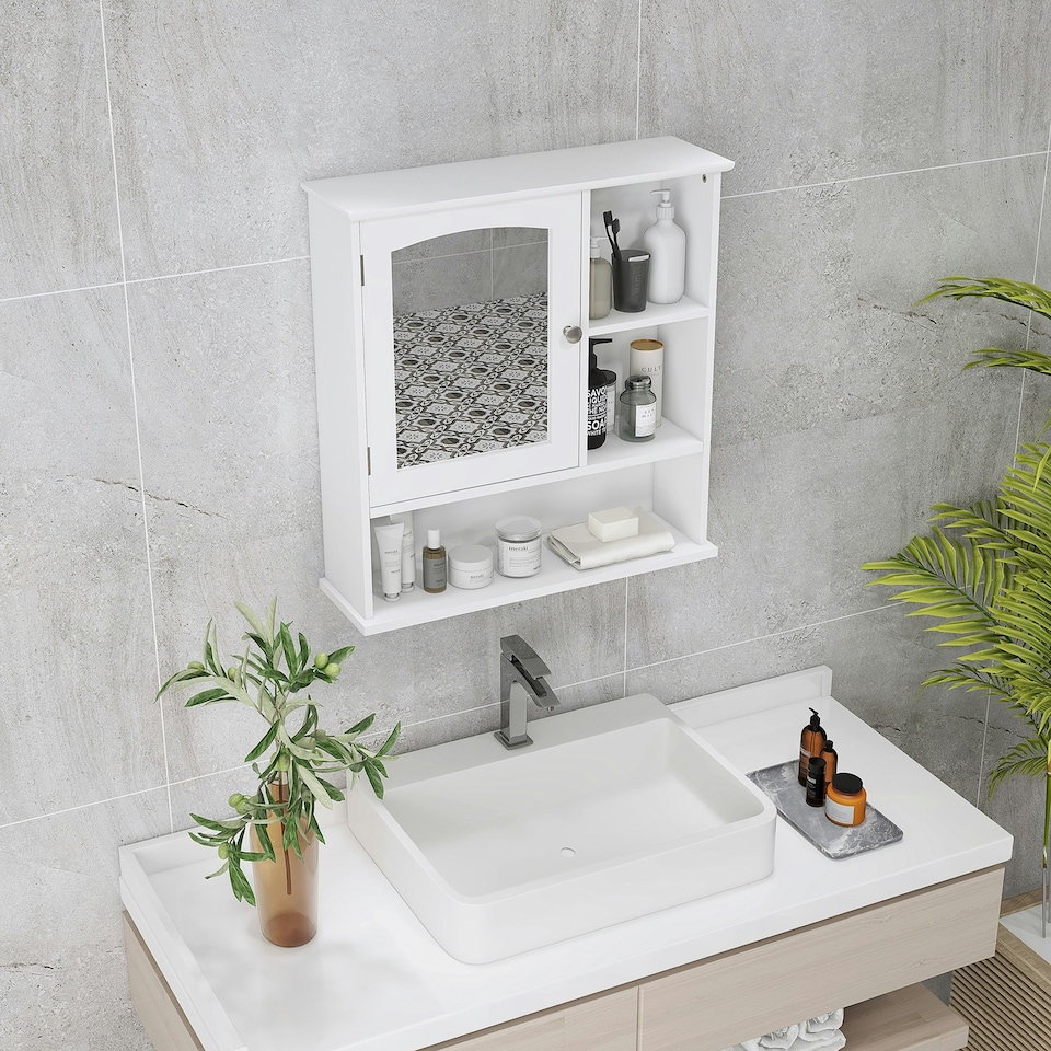 image 1 of kleankin Wall Mounted Bathroom Mirror Glass Storage Cabinet Cupboard with Shelf