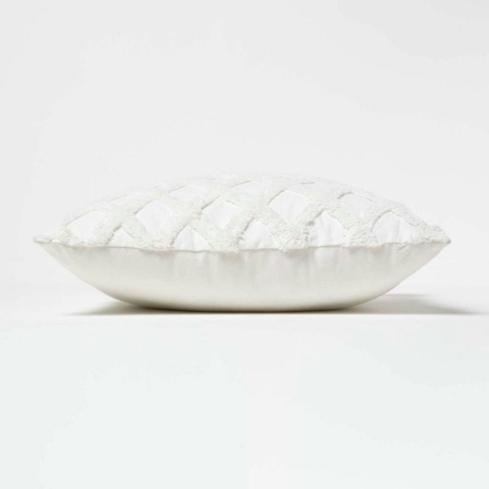 image 1 of Homescapes Geometric Diamond White Tufted Cotton Cushion - 45 x 45 cm | White | 1