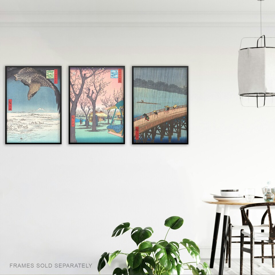 image 1 of Set of 3 Hiroshige Views of Edo Blue Green Japanese A4 Wall Art Prints | Blue