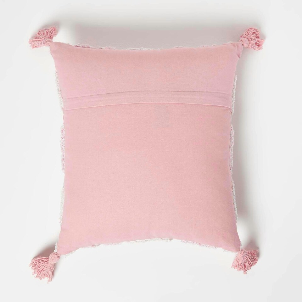 image 1 of Homescapes Geometric Ikat White & Pink Tufted Cotton Cushion with Tassels - 45 x 45 cm