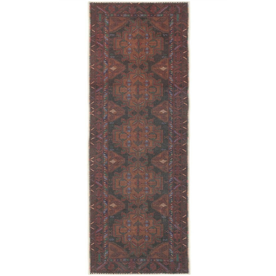 image 1 of KUKOON Deep Red Distressed Tribal Geometric Non Slip Washable Low Pile Runner Rug 60cm x 240cm Red