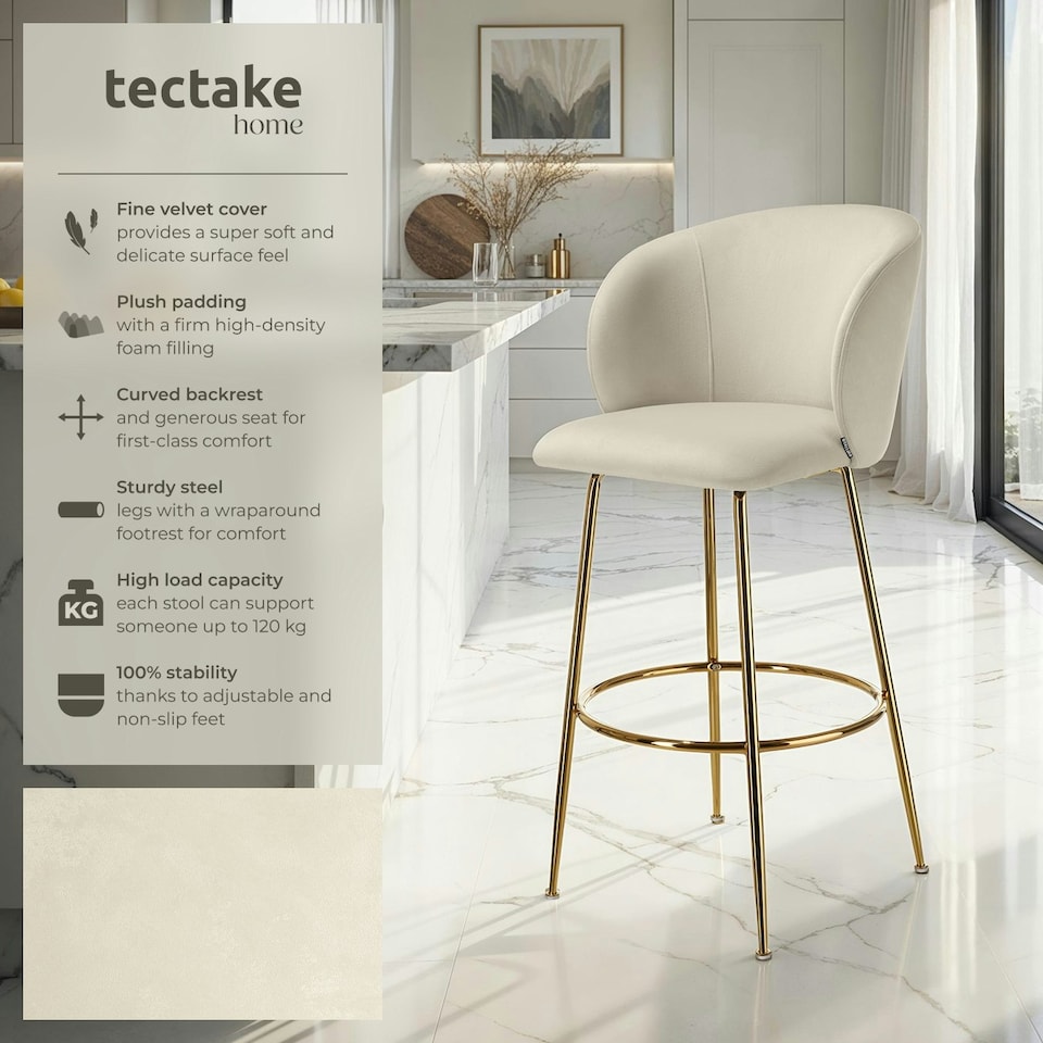 image 1 of Bar Stool Luana - with backrest, velvet look and padded - Set of 2 Cream | Gold