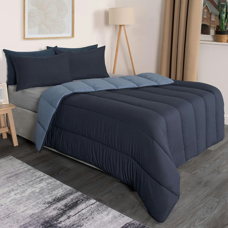 image 1 of OHS Coverless Reversible 10.5 Tog Duvet And Pillowcase Bedding Set, King - Navy Blue/Blue