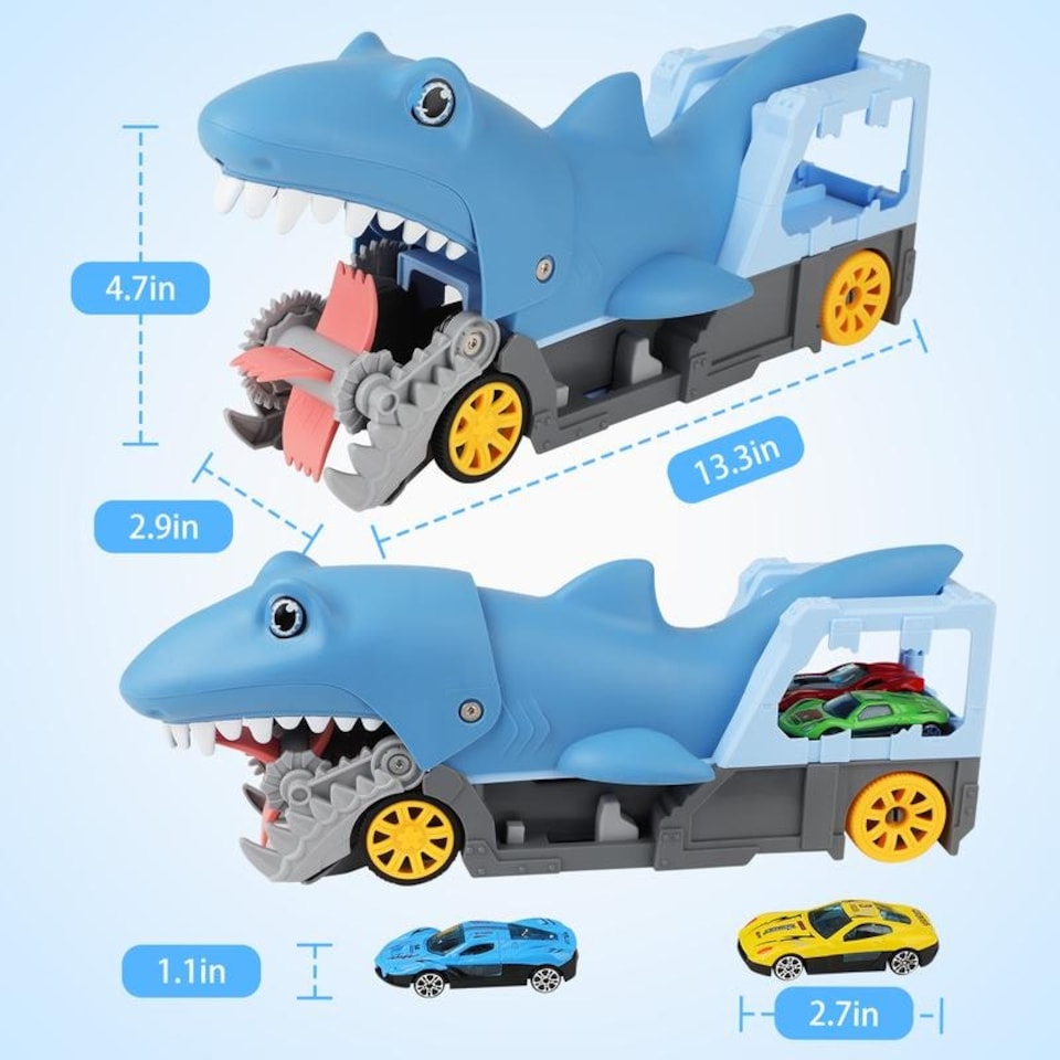 image 1 of Shark Devour Transporter Toy Truck - Push-and-Go Vehicle with Slide-Off Ramp, Roaring Sounds, Lights & 4 Mini Cars, Realistic Shark-Head Design for Kids Ages 3-7