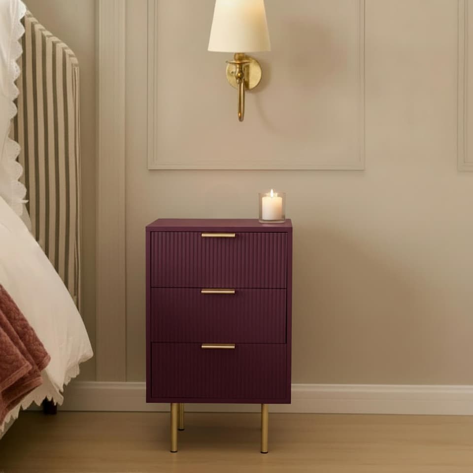 image 1 of OHS Ribbed Bedside Table Modern Bedroom 3 Draw Office Nightstand | Red | Dark Berry