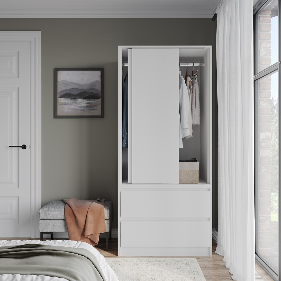 image 1 of URBNLIVING 2 Sliding Door Wardrobe With 2 Drawers And Hanging Rail | White | White Doors | 1