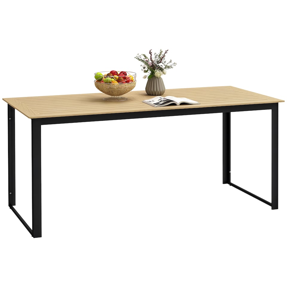 image 1 of Outsunny Garden Table for 6 People, 175 x 78 x 75 cm Rectangle Outdoor Dining Table with Slatted Top, Metal Frame, for Balcony, Deck, Teak | Multi