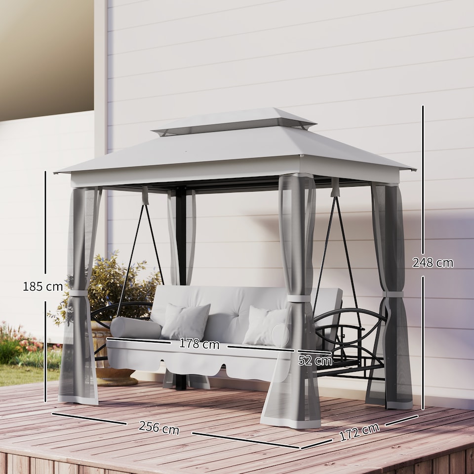 image 1 of Outsunny 3 Seater Convertible Swing Chair, Outdoor Gazebo Swing Seat Bed with Double Tier Canopy, Cushioned Seat, Mesh Sidewalls and Curtains, Light Grey