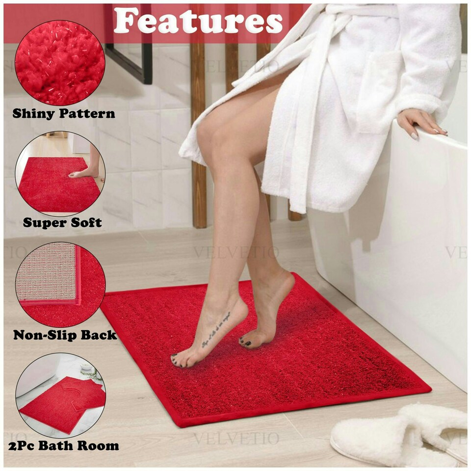 image 1 of VELVETIO Shiny Sparkling Bath Set Anti Slip Pedestal Mat Bathroom Rugs Red | Deep Red