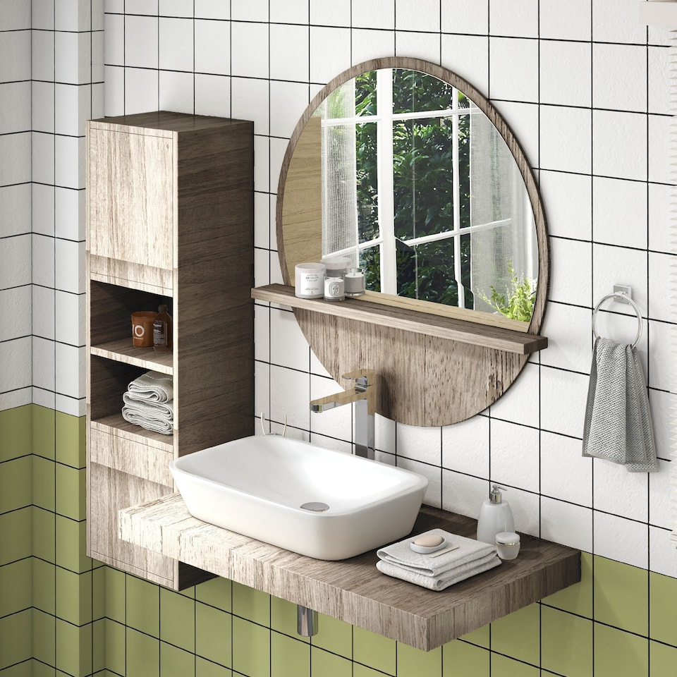 image 1 of kleankin 45cm Wall Mounted Bathroom Mirror, Round Mirror with Shelf, Framed Makeup Mirror for Home Decoration, Grey Wood Effect