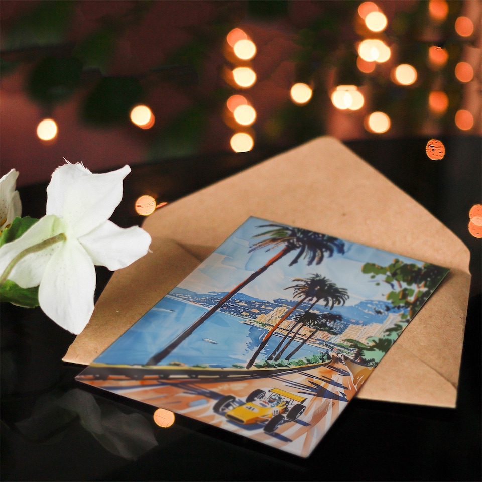 image 1 of Greeting Card Motor Sport Race Monaco Watercolour 1973 Vintage