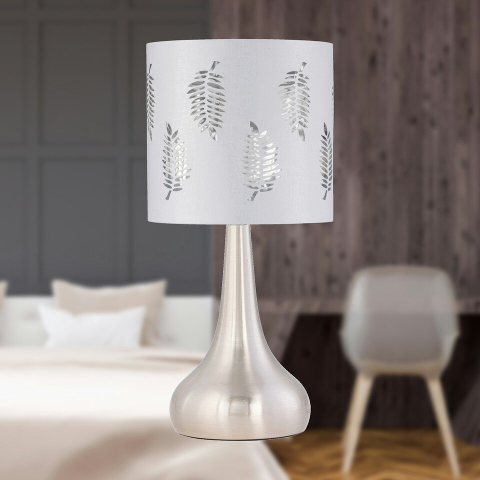 image 1 of Set of 2 Romana - Brushed Chrome Touch Lamps with White Fern Shades Silver | White