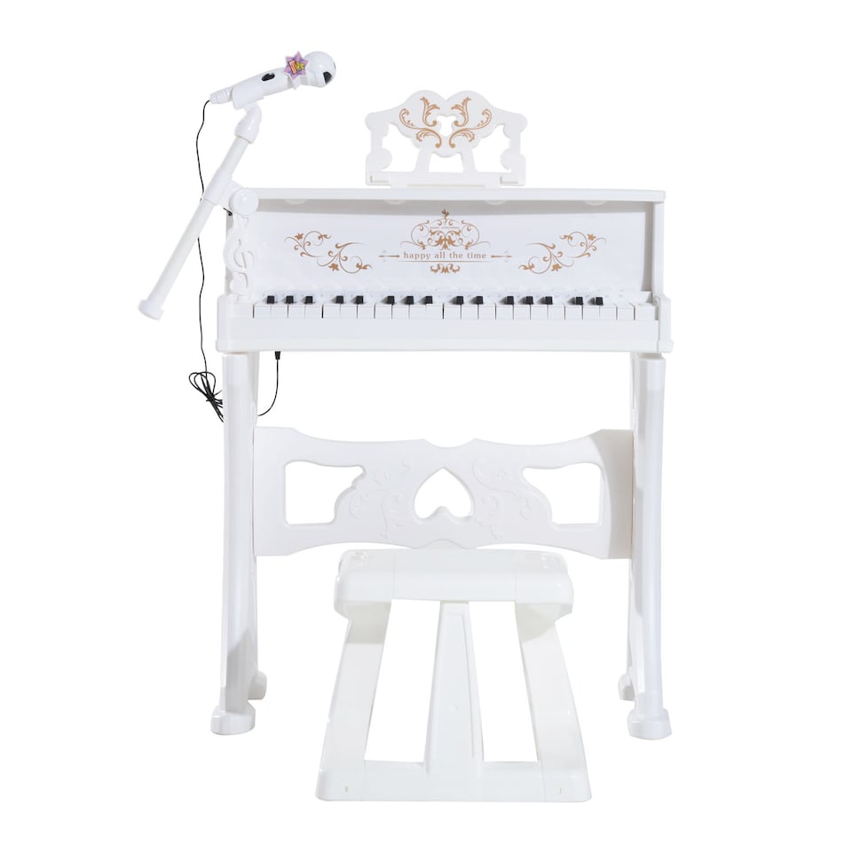 image 1 of HOMCOM 37 Keys Kids Piano Mini Electronic Keyboard Light Kids Musical Instrument Educational Game Children Grand Piano Toy Set w/Stool & Microphone & Music Stand (White) | White