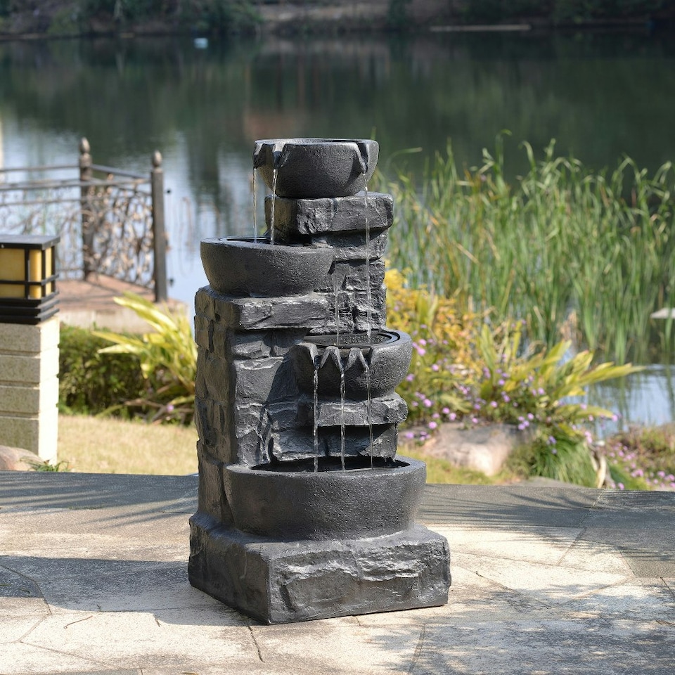 image 1 of Teamson Home Garden Outdoor Water Feature, 4 Tier Cascading Bowl Water Fountain, With Warm LED Lights, Dark Grey