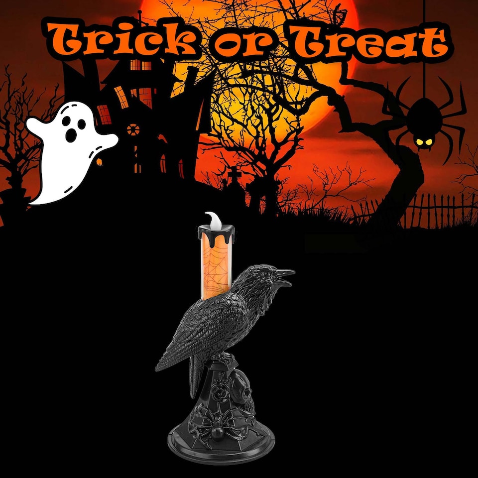 image 1 of PMS Flameless Halloween Crow Candle, Orange - 20.3 x 10 cm