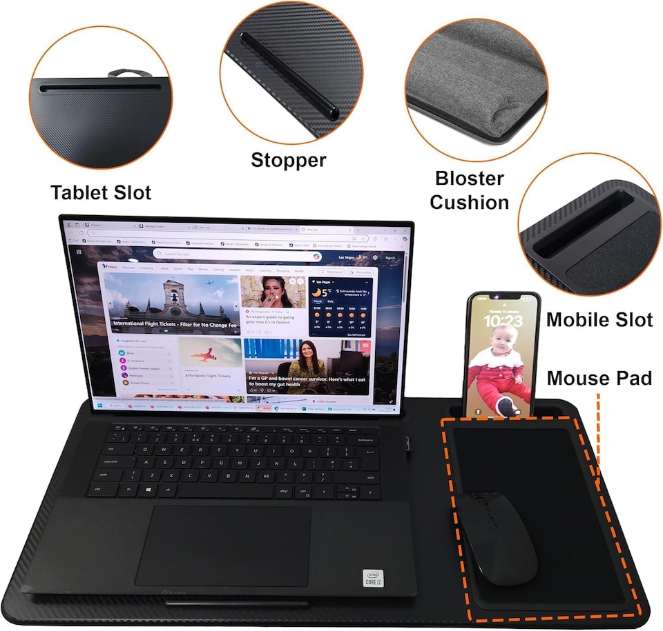 image 1 of Lap Desk Laptop Tray with Cushion Portable Notebook Tablet Computer Table Stand Mouse Pad, Phone Slot, Wrist Rest, For Sofa & Bed