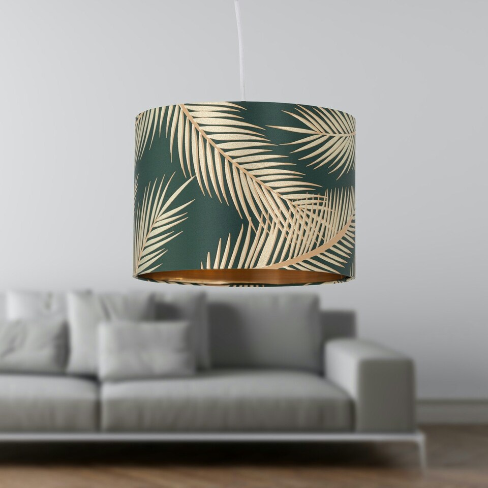 image 1 of First Choice Lighting Set of 2 Tropica Dark Green with Gold Embossed Leaf Detail 30cm Pendant Shades Green