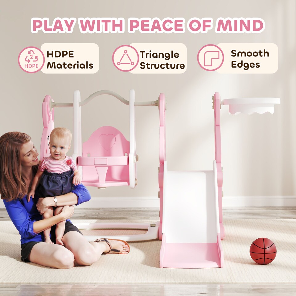 image 1 of AIYAPLAY 4 in 1 Kids Slide and Swing Set with Climber, Basketball Hoop, Pink