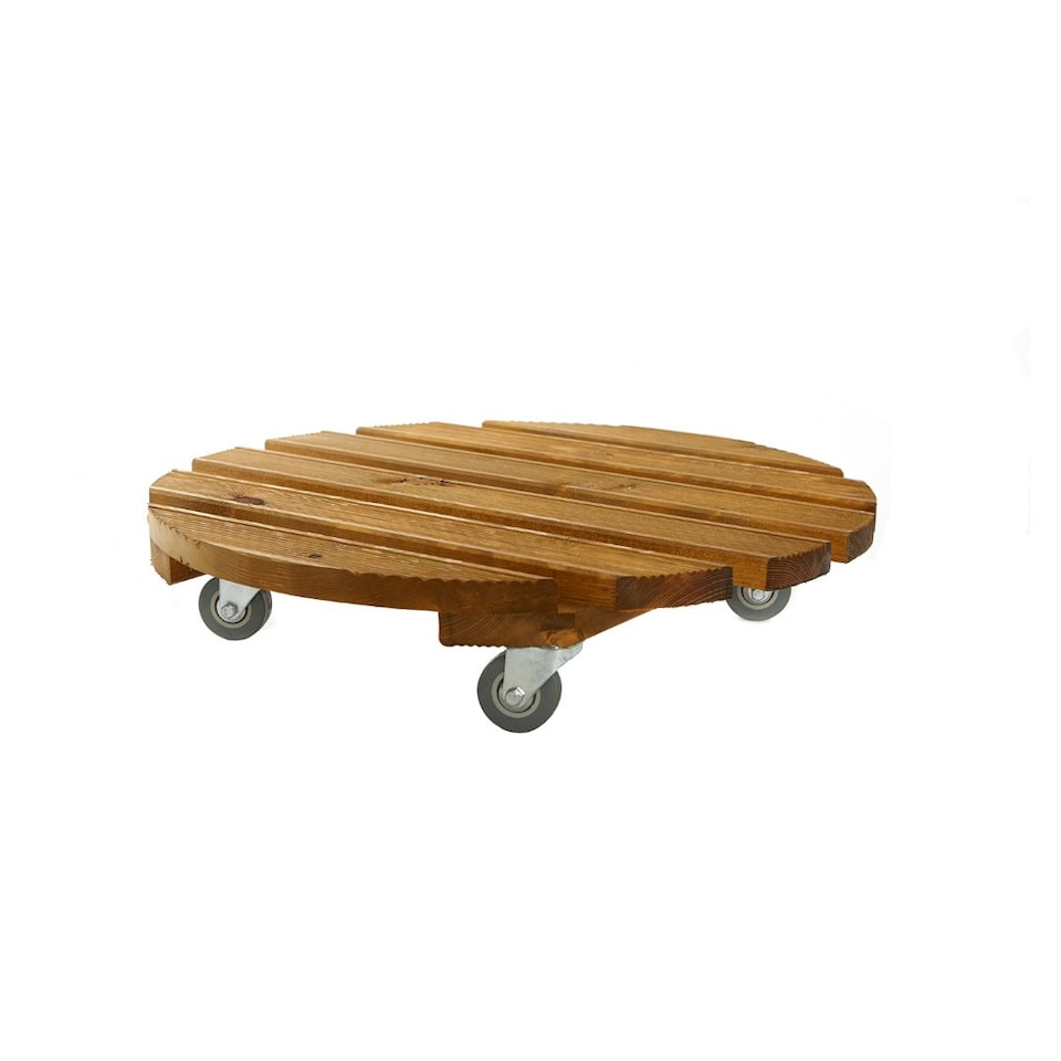 image 1 of Tom Chambers Handcrafted Heavy Duty Round Traditional Wood Garden Patio Plant Flower Pot Stand Caddy Trolley Dolly on Strong Metal Castor Wheels Large 50cm Brown