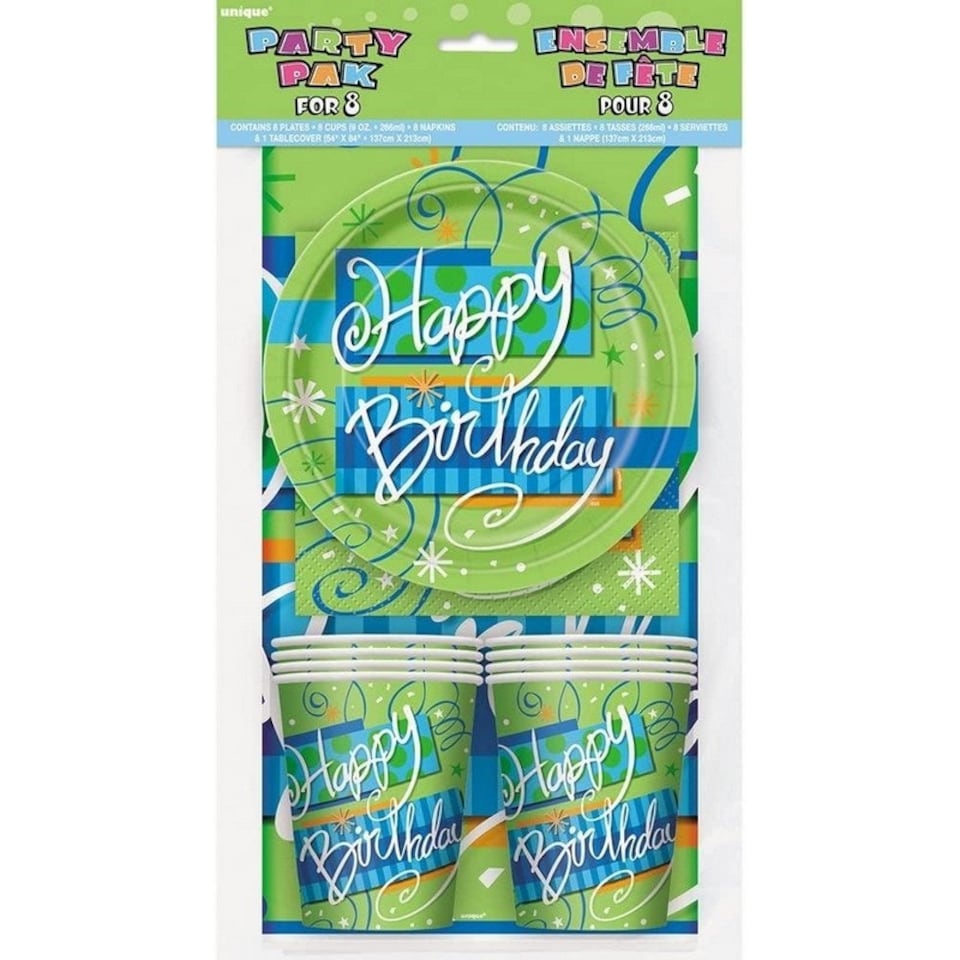 Unique Party Bright Birthday Party Tableware Set - Green/Blue/White - One Size