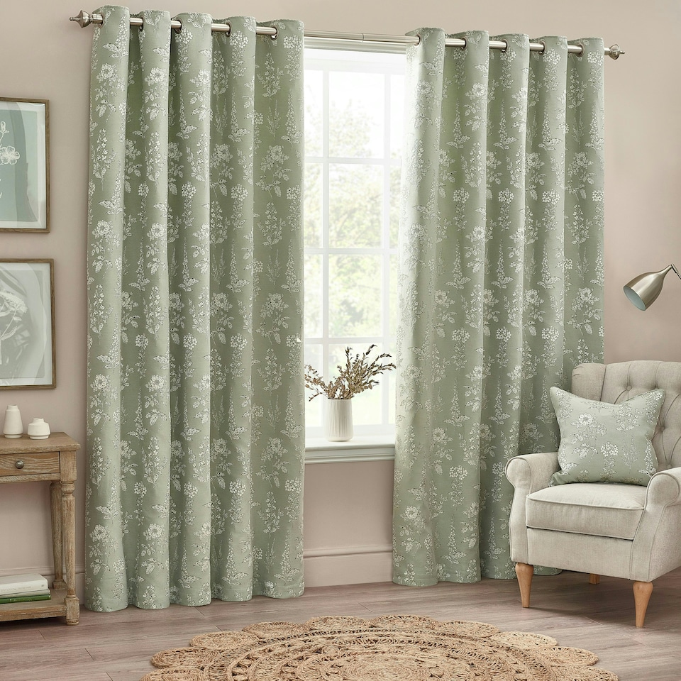 image 1 of Wylder Floral Jacquard Sage Eyelet Curtains (W)168cm x (D)183cm | Multi