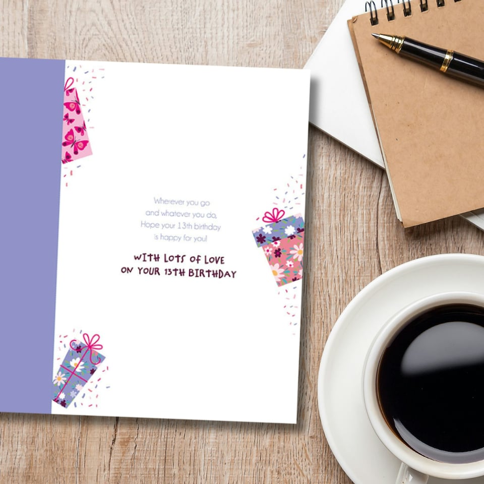 image 1 of Words 'n' Wishes 13th Birthday Card for Niece, Patterned & Foiled Letters With Presents, Multicoloured, 23.5 x 16.5 cms